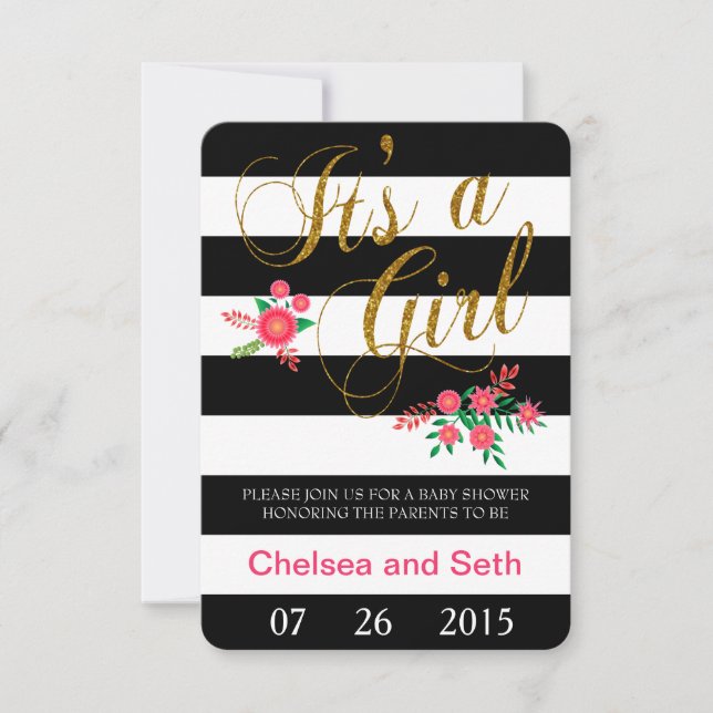 Invitation Bandes noires et blanches| Flore rose| Baby shower (Devant)