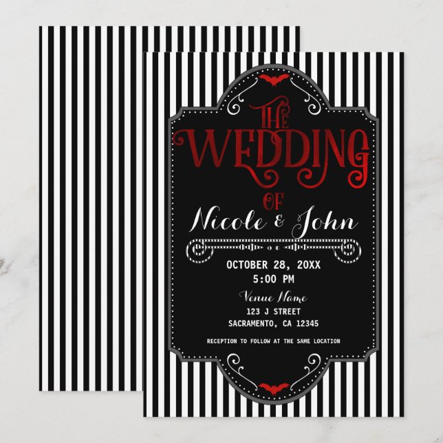 Invitation Bandes noires et blanches Gothique rouge Mariage C (Devant / Derrière)