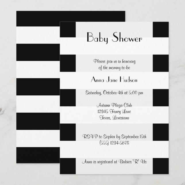 Invitation Bandes noires et blanches, Lignes, Baby shower (Devant / Derrière)