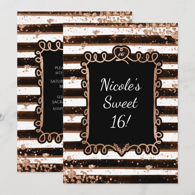 Invitation Bandes noires et blanches Rose Gold Flakes Invitat (Devant / Derrière)