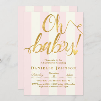 Invitation Bandes roses chic et baby shower de feuille d'or