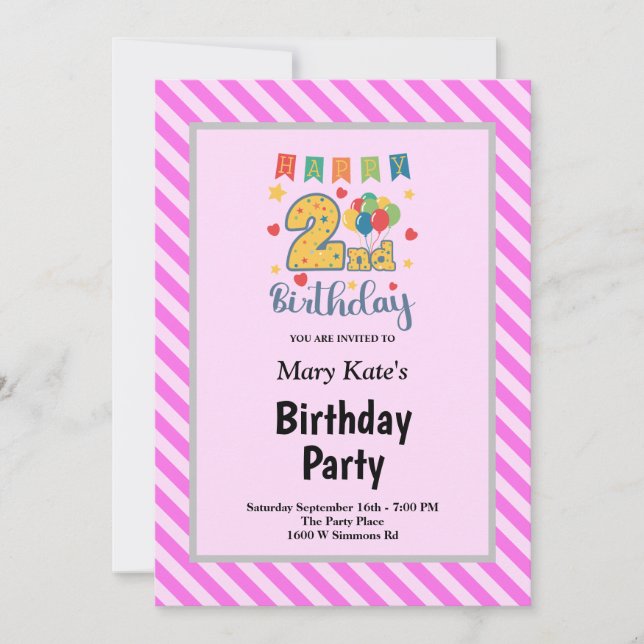Invitation Bandes roses encadrées 2e fête d'anniversaire (Devant)