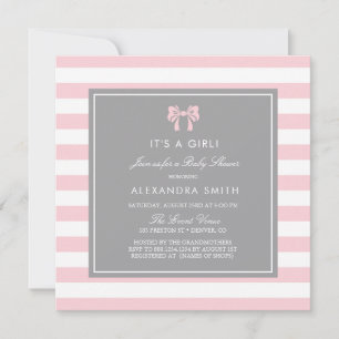 Invitation Bandes roses et blanches avec Baby shower en bois