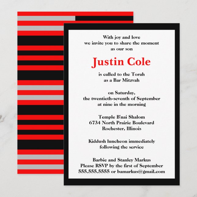 Invitation Bandes rouges et argentées sur Black Bar Mitzvah (Devant / Derrière)