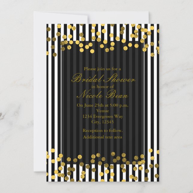 Invitation Bandes Verticales Noires & Blanches Points Faux Or (Devant)