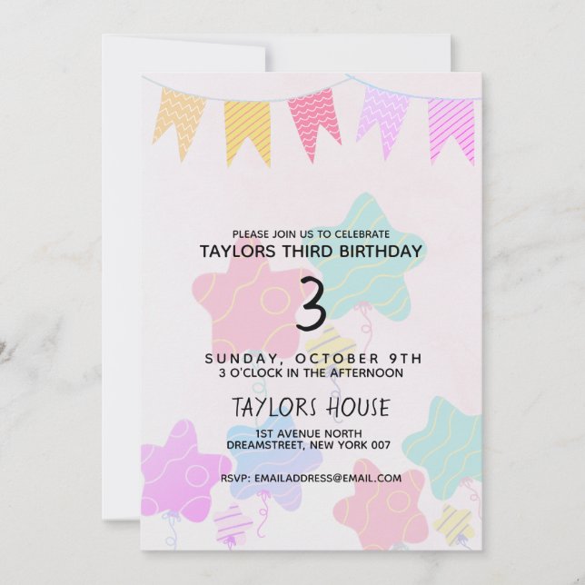 Invitation Banners Balloons Aquarelle 1ère fête d'anniversair (Devant)