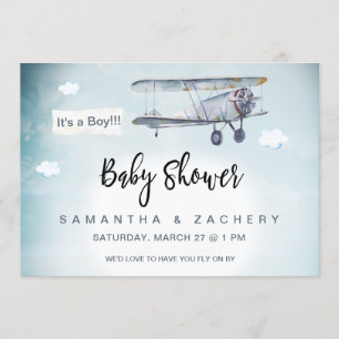 Invitation *~* Bannière Avion Nuages Vintages Bébé Garçon Dou
