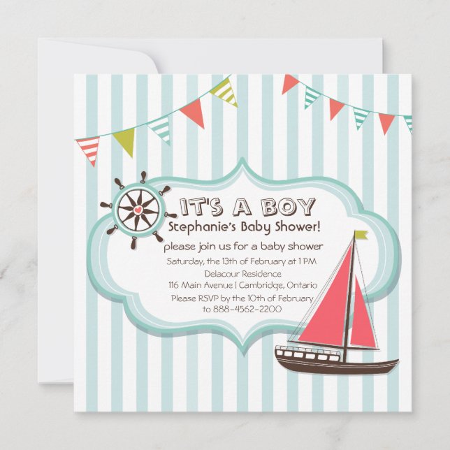 Invitation Bannière Bannière Bleue Nautique Baby shower Invit (Devant)