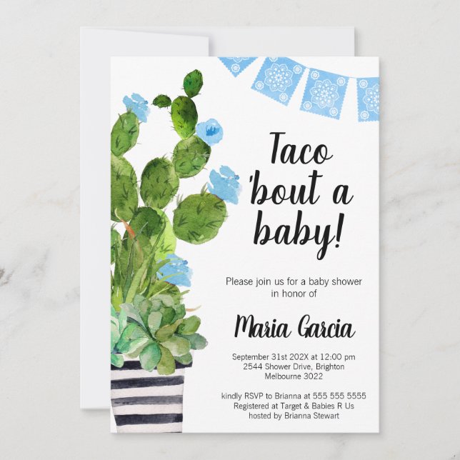 Invitation Bannière Bleue Cactus Taco Bout Un Baby shower béb (Devant)
