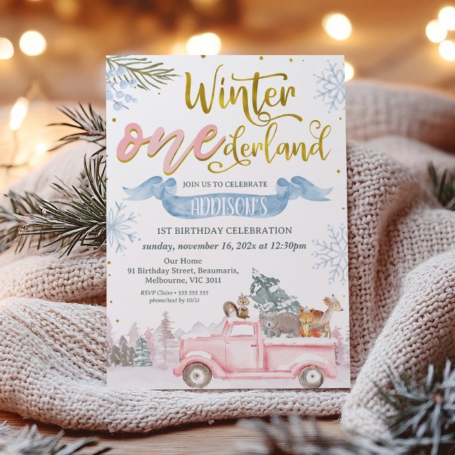 Invitation Bannière de camion rose Hiver Onederland 1er anniv (Girls Winter Onederland 1st Birthday Invitation, Winter Themed First Birthday Girl, Woodland Animals)