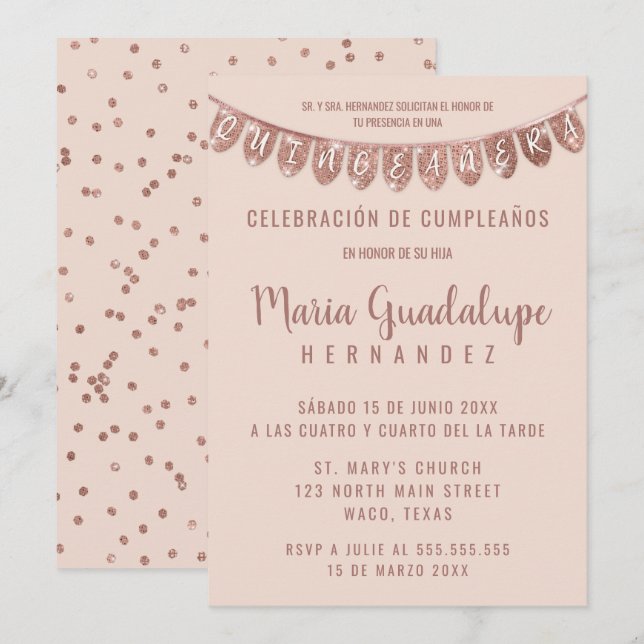 Invitation Bannière de Parties scintillant en or rose Español (Devant / Derrière)