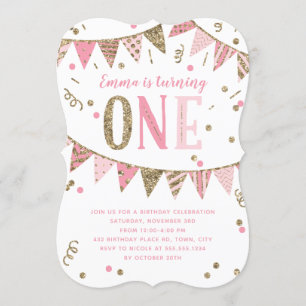 Invitation Bannière de Parties scintillant rose et or 1er ann