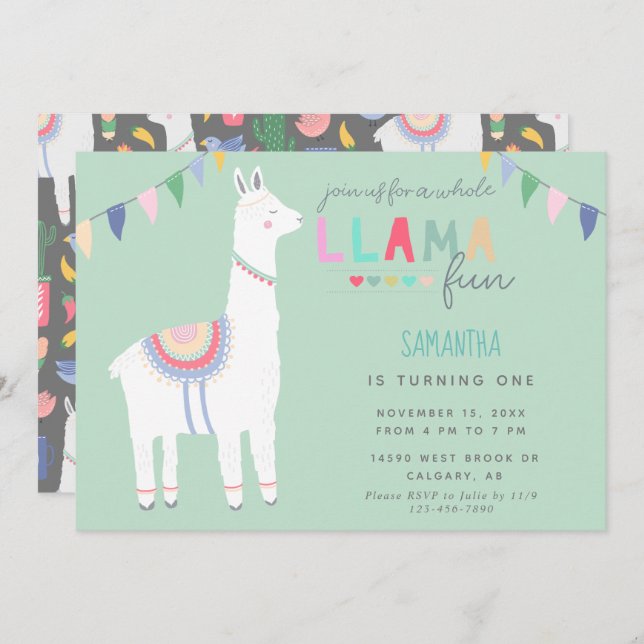 Invitation Bannière fête d'anniversaire de la petite Llama (Devant / Derrière)