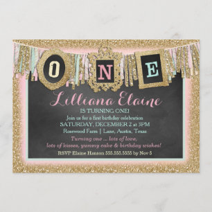 Invitation Bannière Gold Parties scintillant First Birthday