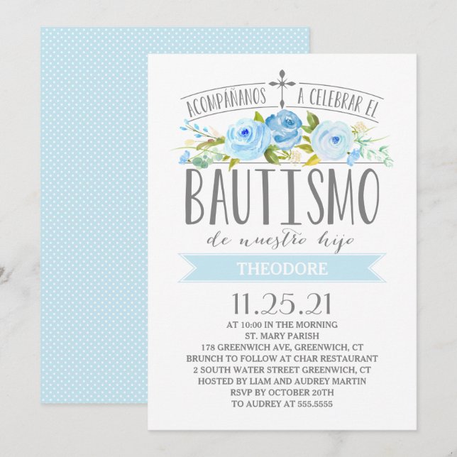 Invitation Bannière Rose bleue| Bautismo espagnol (Devant / Derrière)