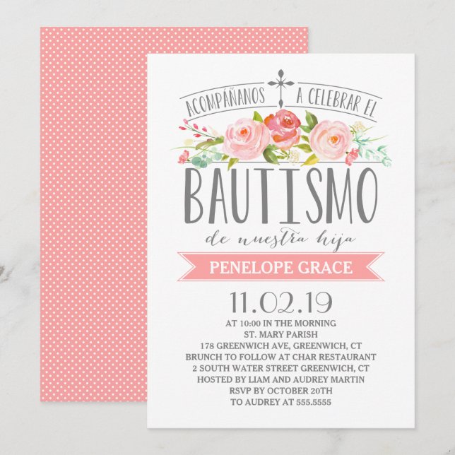 Invitation Bannière Rose rose| Bautismo espagnol (Devant / Derrière)