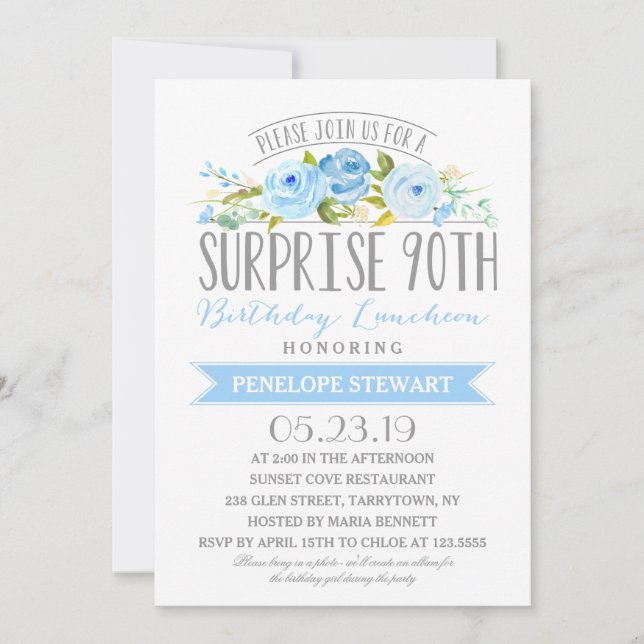 Invitation Bannière rose Surprise 90e Anniversaire Déjeuner (Devant)