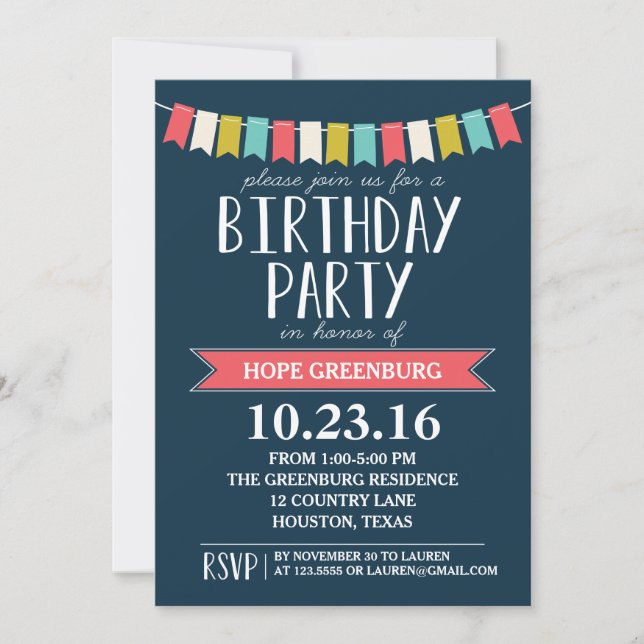 Invitation Bannières colorées Dark Navy Blue Anniversaire (Devant)