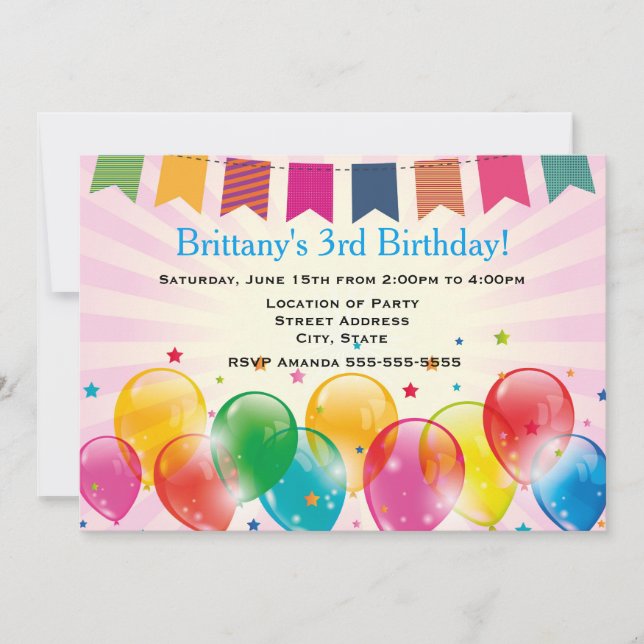 Invitation Bannières et ballons rose fête d'anniversaire (Devant)