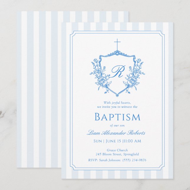 Invitation Bap Monogramme Crest Bleu Classique (Devant / Derrière)