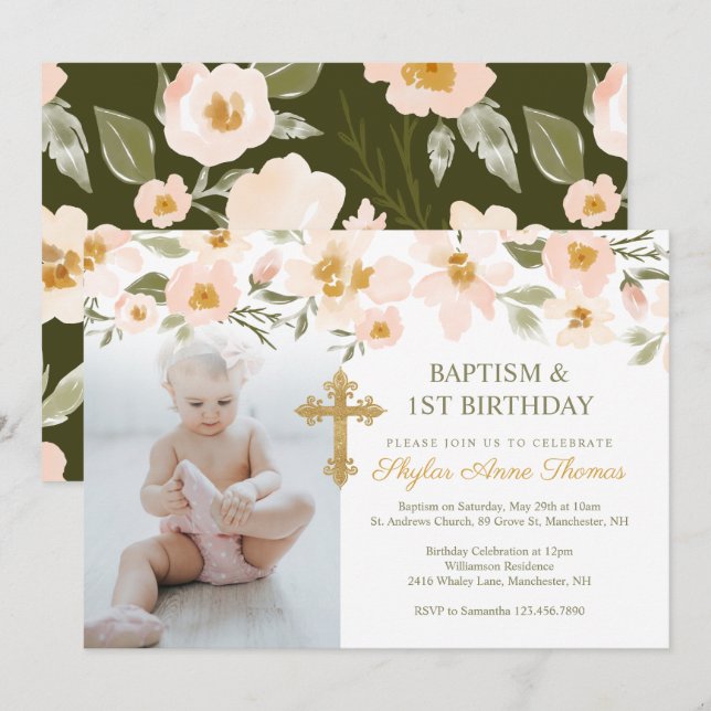 Invitation Baptême & 1er anniversaire aquarelle Florales Phot (Devant / Derrière)