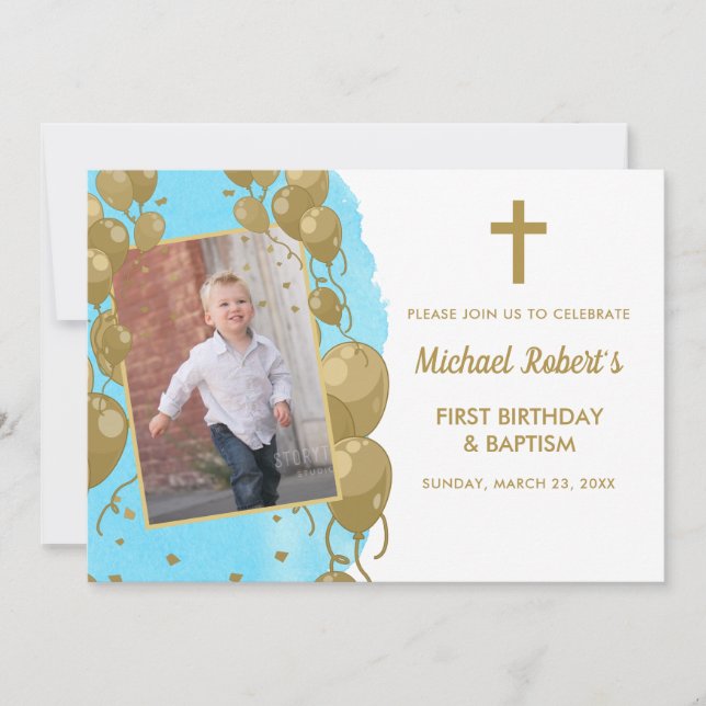 Invitation Baptême 1er anniversaire Bleu Gold Texte photo (Devant)
