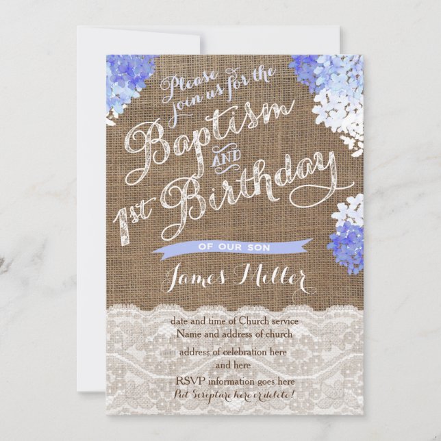 Invitation Baptême 1er anniversaire Invitations, Florales Ble (Devant)