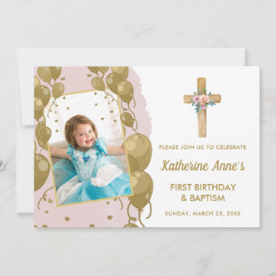 Invitation Baptême 1er anniversaire Pink Gold Texte photo