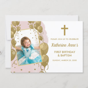 Invitation Baptême 1er anniversaire Pink Gold Texte photo
