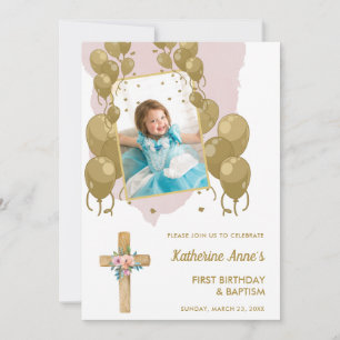 Invitation Baptême 1er anniversaire Pink Gold Texte photo