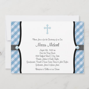 Invitation Baptême à carreaux bleus Perle noire bleue