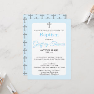 Invitation Baptême à l'aquarelle bleu poudré et croix grise