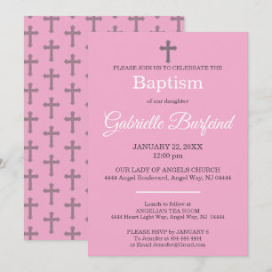 Invitation Baptême à l'aquarelle croix rose et grise