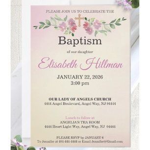 Invitation Baptême à l'aquarelle Rose Poussiéreuse et Jaune A