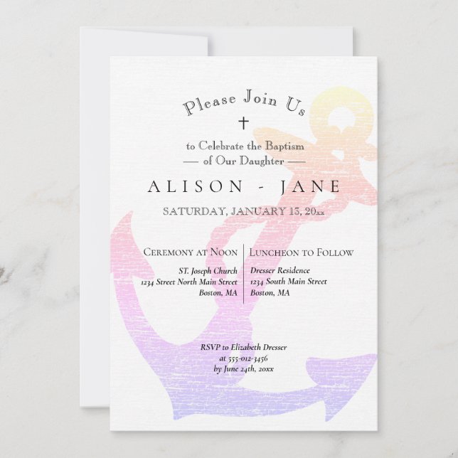 Invitation Baptême Ancre nautique Fille lavande rose (Devant)