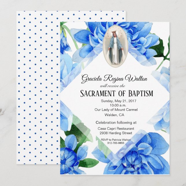Invitation Baptême apaiser les fleurs bleues religieuses (Devant / Derrière)