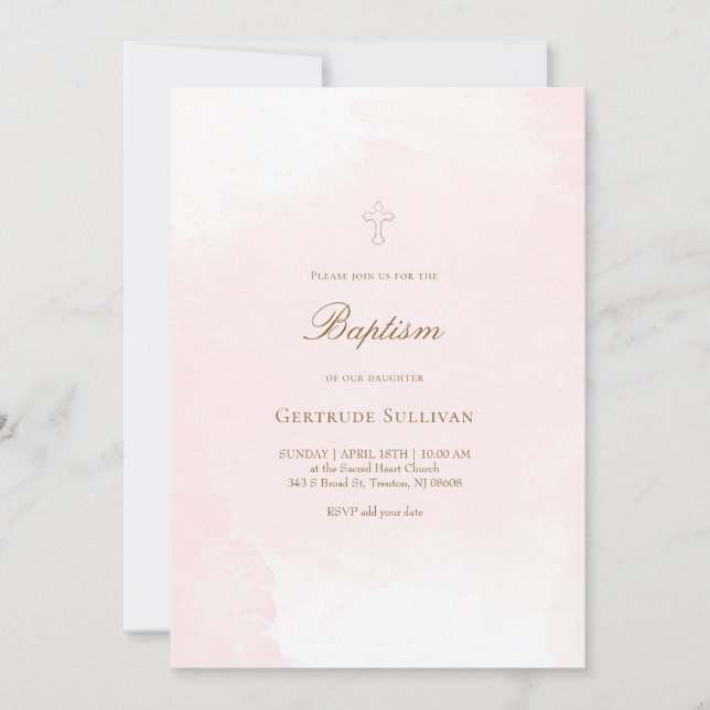 Invitation baptême aquarelle rose (Devant)