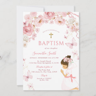 Invitation Baptême aquarelle rose poussiéreux pour fille