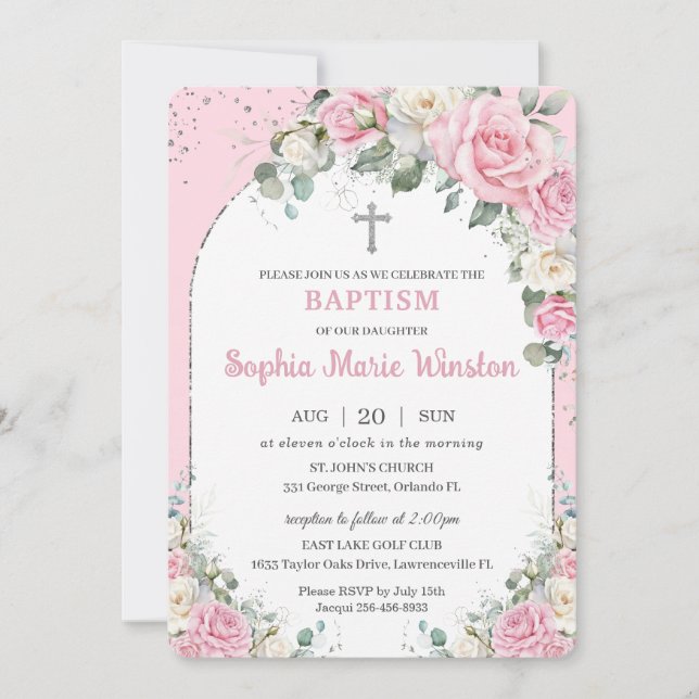 Invitation Baptême Arc Argent Rose Blanc Floral Baptême (Devant)