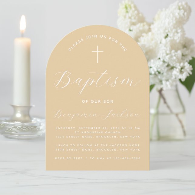Invitation Baptême Arc Beige Simple Script Croix Brown (Créateur téléchargé)
