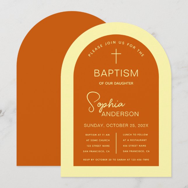 Invitation Baptême Arc Brûlé Orange Jaune Script moderne (Devant / Derrière)