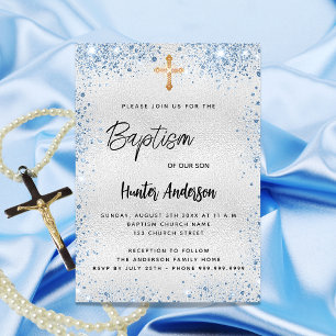 Invitation Baptême argent bleu garçon or croix scintillante s
