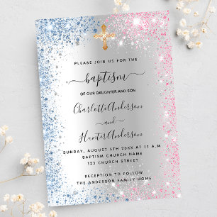 Invitation Baptême argent bleu rose jumeaux garçon fille