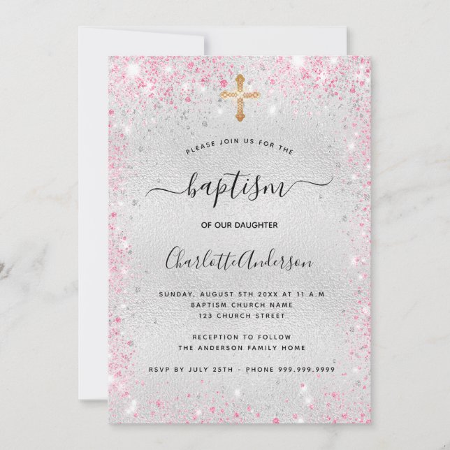 Invitation Baptême argent rose parties scintillant fille mode (Devant)