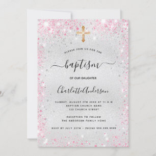 Invitation Baptême argent rose parties scintillant fille mode