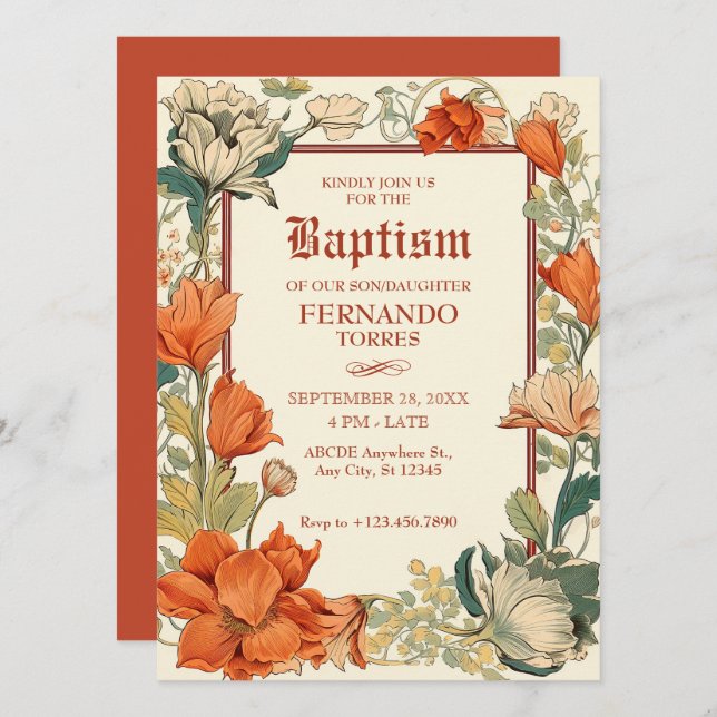Invitation Baptême artistique floral (Devant / Derrière)