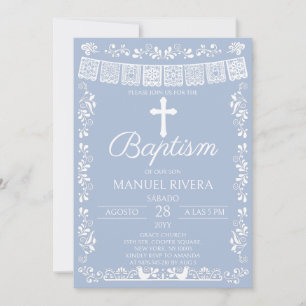 Invitation Baptême au Papier Découpé Bleu Poussiéreux