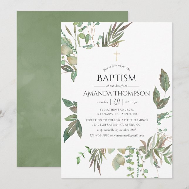 Invitation Baptême avec verdure (Devant / Derrière)