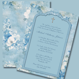 Invitation Baptême Baptême Bleu Blanc Floral