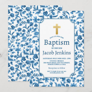 Invitation Baptême Baptême Bleu Blanc Floral Gold Cross
